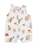 White romper featuring playful food-themed characters like bread, avocado, and farm animals. Ideal for infants.