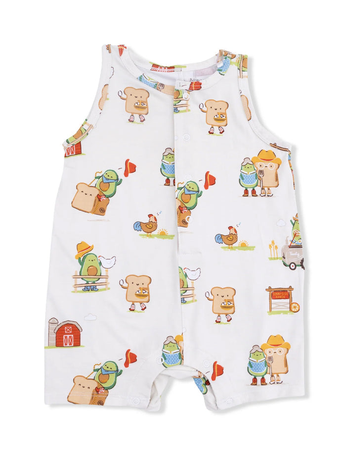White romper featuring playful food-themed characters like bread, avocado, and farm animals. Ideal for infants.