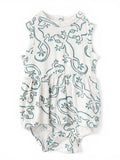 Baby romper with lizard patterns in teal on a light background, featuring a comfortable, playful design.