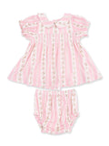 Pink floral dress set for children with striped pattern and matching bloomers. Ideal for warm weather outfits.