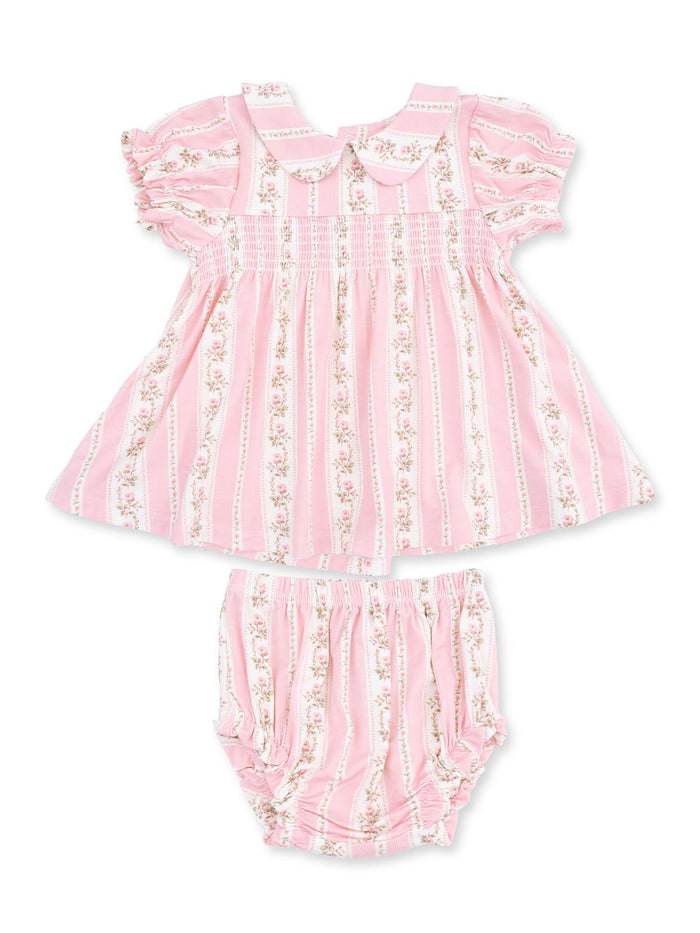 Pink floral dress set for children with striped pattern and matching bloomers. Ideal for warm weather outfits.