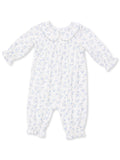 White baby romper with blue floral pattern and Peter Pan collar, featuring long sleeves and elasticized cuffs.