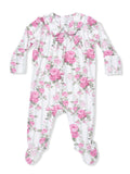 Floral baby onesie in pink and white stripes with long sleeves and a ruffled collar.