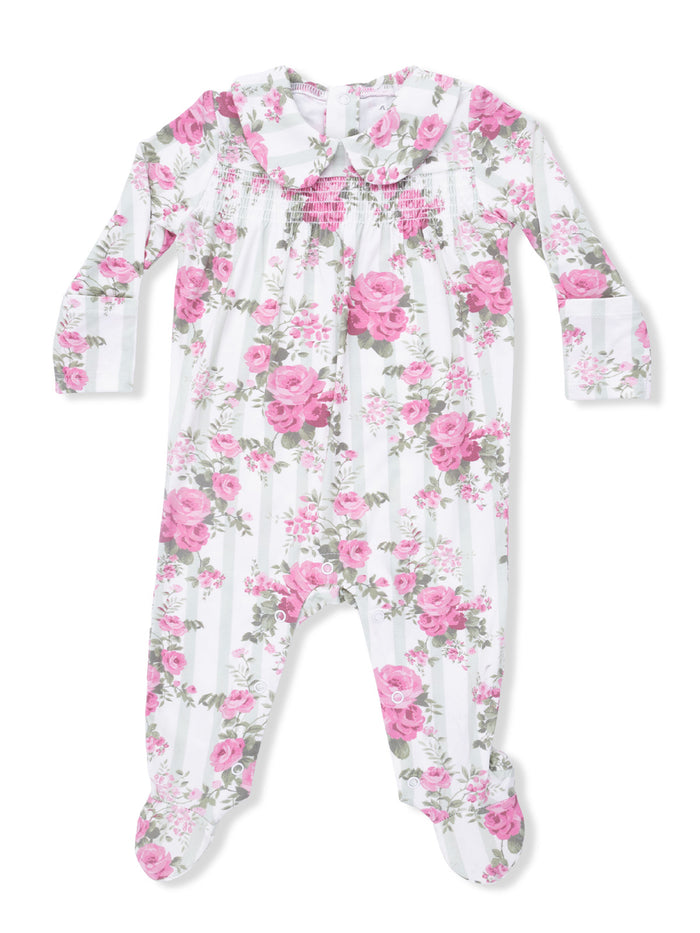 Floral baby onesie in pink and white stripes with long sleeves and a ruffled collar.
