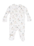 White baby onesie with playful floral and animal prints, featuring long sleeves and footed design.