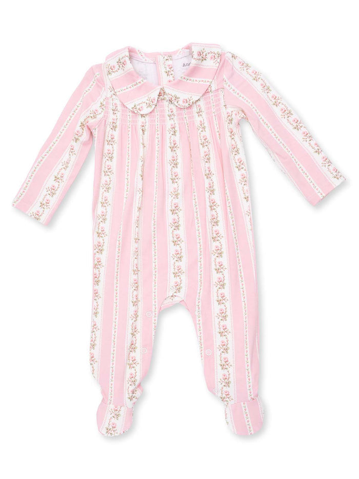 Pink and white striped baby onesie with floral accents and a Peter Pan collar.