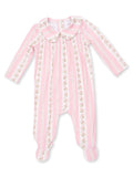 Pink and white striped baby onesie with floral accents and a Peter Pan collar.