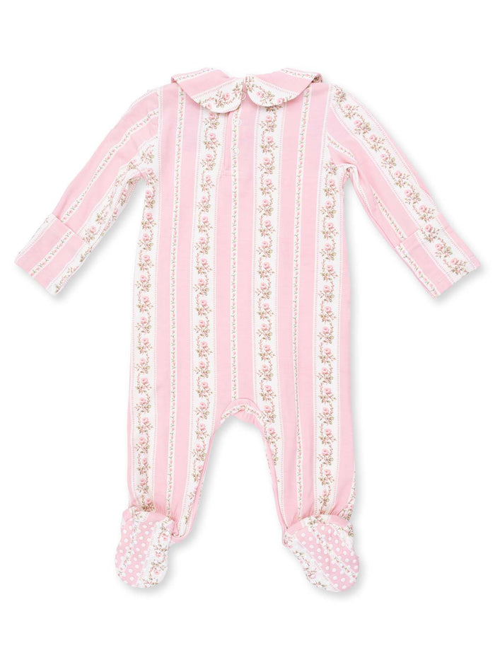 Pink striped baby onesie with floral patterns and feet, featuring a collar and button closure.