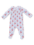 Floral-patterned baby romper with long sleeves and a collared neckline on a light blue background.
