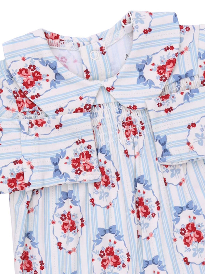 Floral patterned children's dress with a blue and white striped design and large collar details.