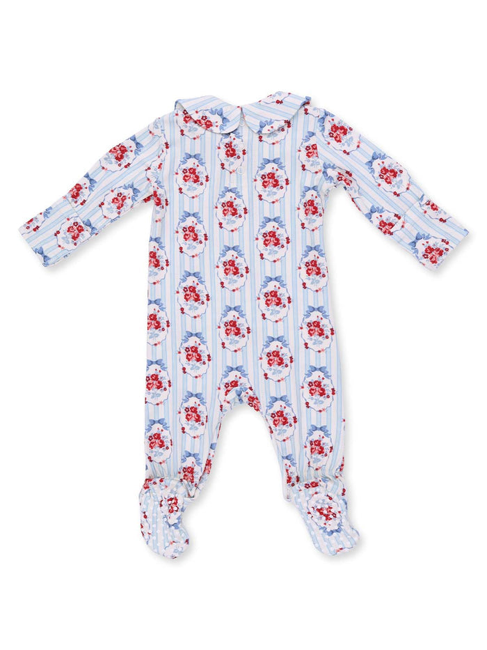 Floral-patterned children's onesie with blue stripes and a collar, featuring a festive design in red and blue hues.