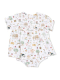 White baby outfit with colorful farm animal patterns and floral designs, featuring ruffled sleeves and a smocked bodice.