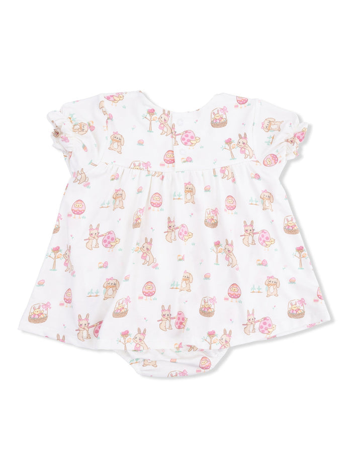 Toddler dress with pastel bunny print and ruffled sleeves, perfect for springtime and Easter celebrations.