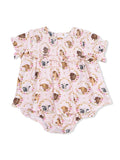 Light pink baby romper featuring various dog illustrations and floral accents with ruffled sleeves.