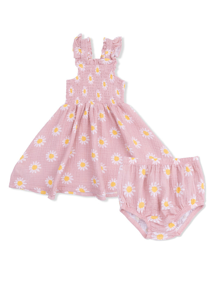Pink children's dress with daisy print and matching bloomer shorts, featuring ruffled straps and a flared skirt.