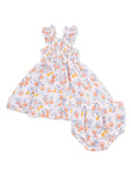 Floral toddler dress with ruffled straps and matching bloomer shorts in soft pastel colors.