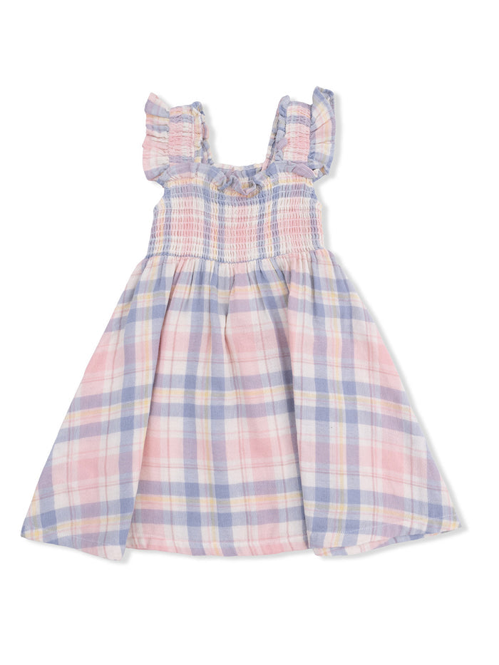 Lightweight plaid dress featuring ruffled straps in pastel colors of pink, blue, and yellow. Perfect for summer wear.