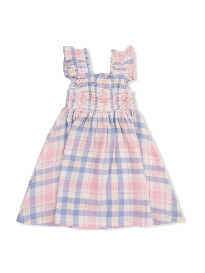 Light plaid dress with ruffled straps in pink, blue, and yellow hues, featuring a smocked bodice.