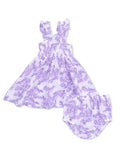 Purple floral dress with matching bloomer bottoms, featuring ruffled straps and a lightweight fabric.