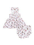 Children's two-piece outfit featuring a dress and matching bloomers with a cowboy boot print on a white background.