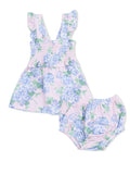 Floral children's dress set with ruffled straps and matching bloomers, featuring pink and blue hydrangea prints.