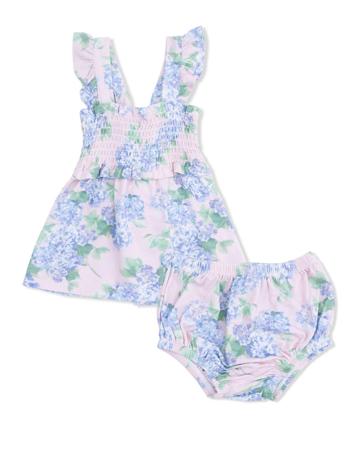 Floral children's dress set with ruffled straps and matching bloomers, featuring pink and blue hydrangea prints.