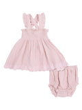 Light pink toddler dress with matching bloomer shorts, featuring ruffled straps and embroidered hem.