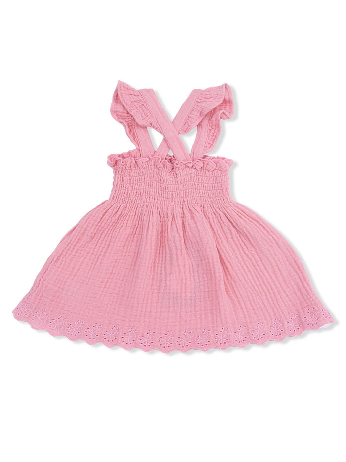 Light pink toddler dress with ruffled straps and embroidered hem, perfect for warm weather outings.