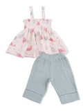 Pink flamingo-patterned top with straps and light blue pants, ideal for toddlers' summer outfits.