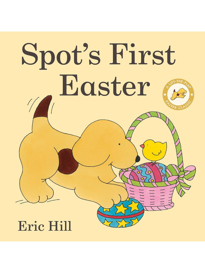 Illustration of a playful puppy with an Easter basket and eggs, titled "Spot's First Easter" by Eric Hill.