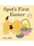 Illustration of a playful puppy with an Easter basket and eggs, titled "Spot's First Easter" by Eric Hill.