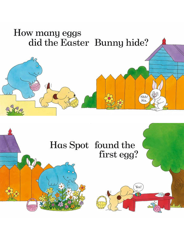 Illustration of animals searching for Easter eggs with playful text about the egg hunt. Colorful, cheerful scene for children.