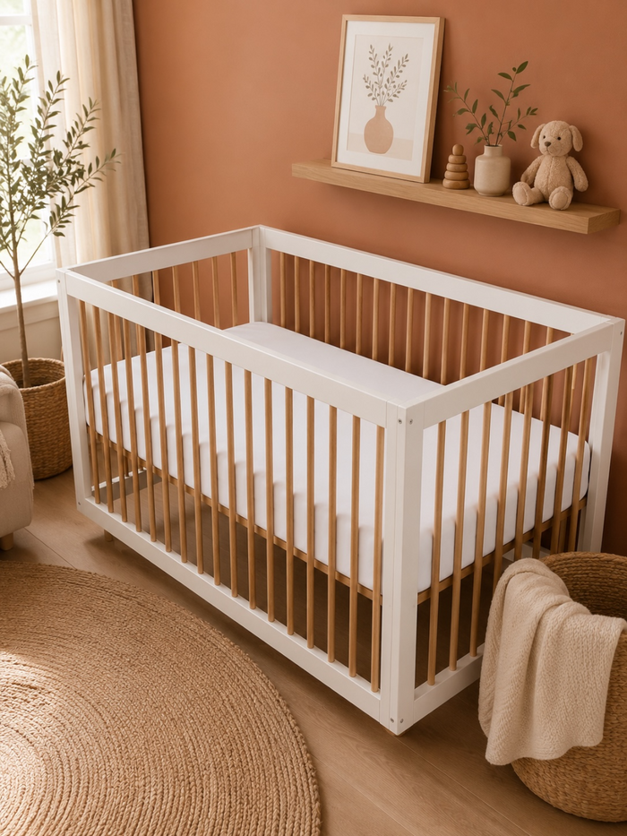Modern nursery featuring a white crib, cozy decor, and warm earthy tones.