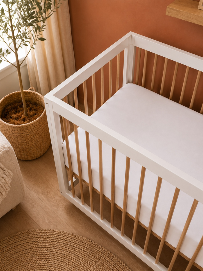 Modern white crib with wooden slats, surrounded by natural decor in a cozy nursery setting.