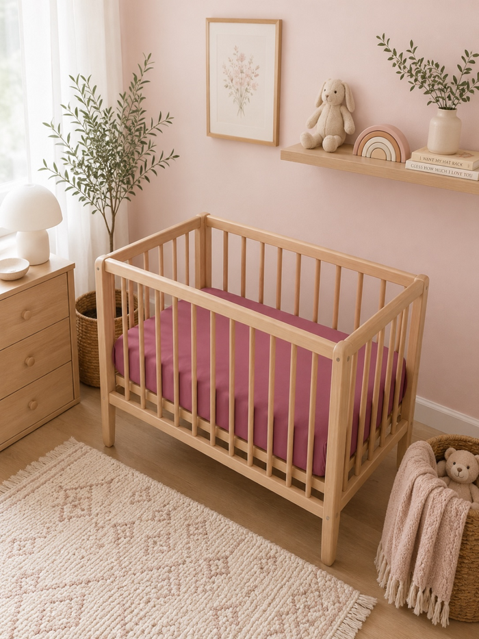 Cozy nursery with a wooden crib, pink bedding, soft rug, and decor including plants and toys.