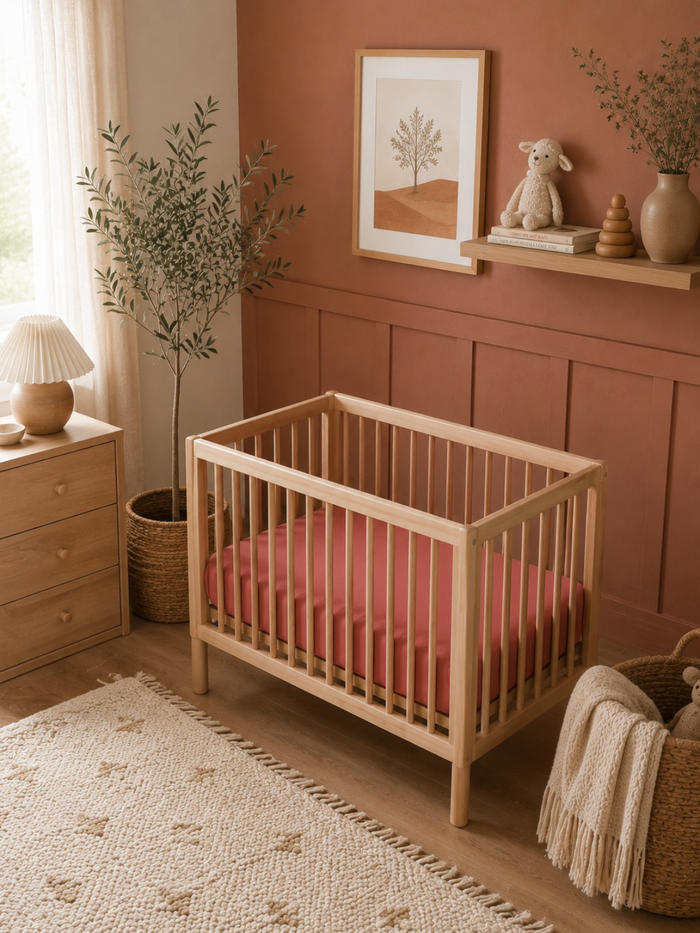 Cozy nursery featuring a wooden crib, soft bedding, and decorative elements in warm tones.