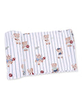Cotton fabric featuring playful teddy bears in sports attire on a striped background. Ideal for children's projects.
