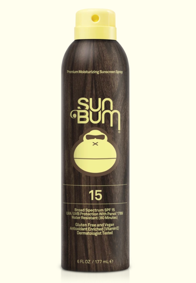 Sun Bum sunscreen spray bottle on a white background