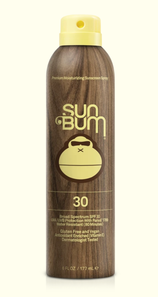 Sun Bum sunscreen spray bottle on a white background
