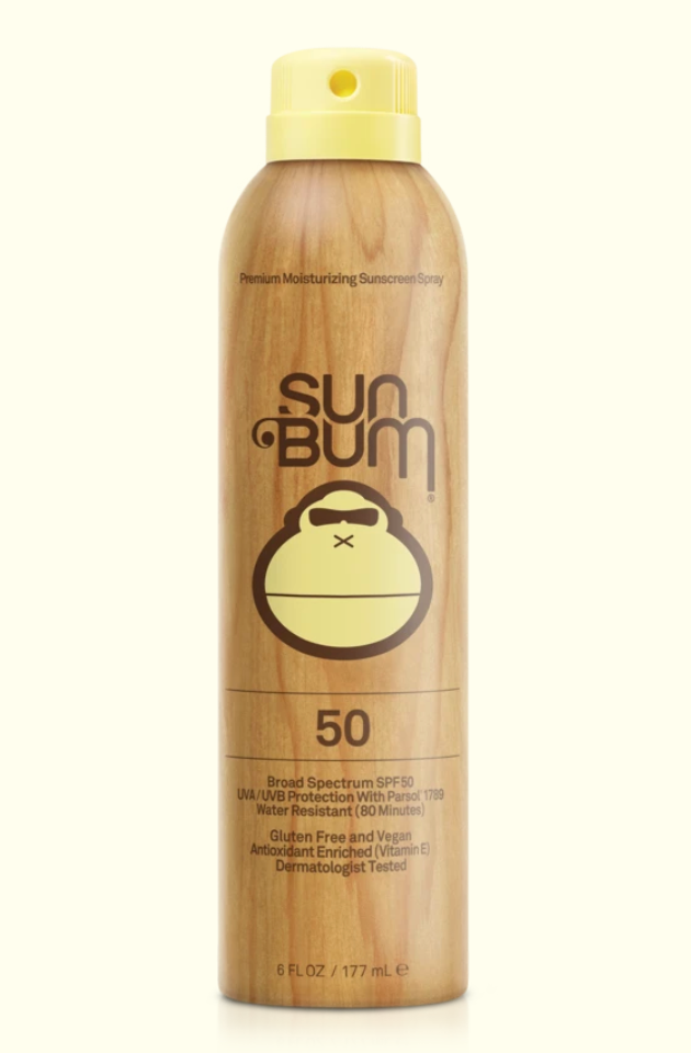 Sun Bum sunscreen spray bottle on a white background