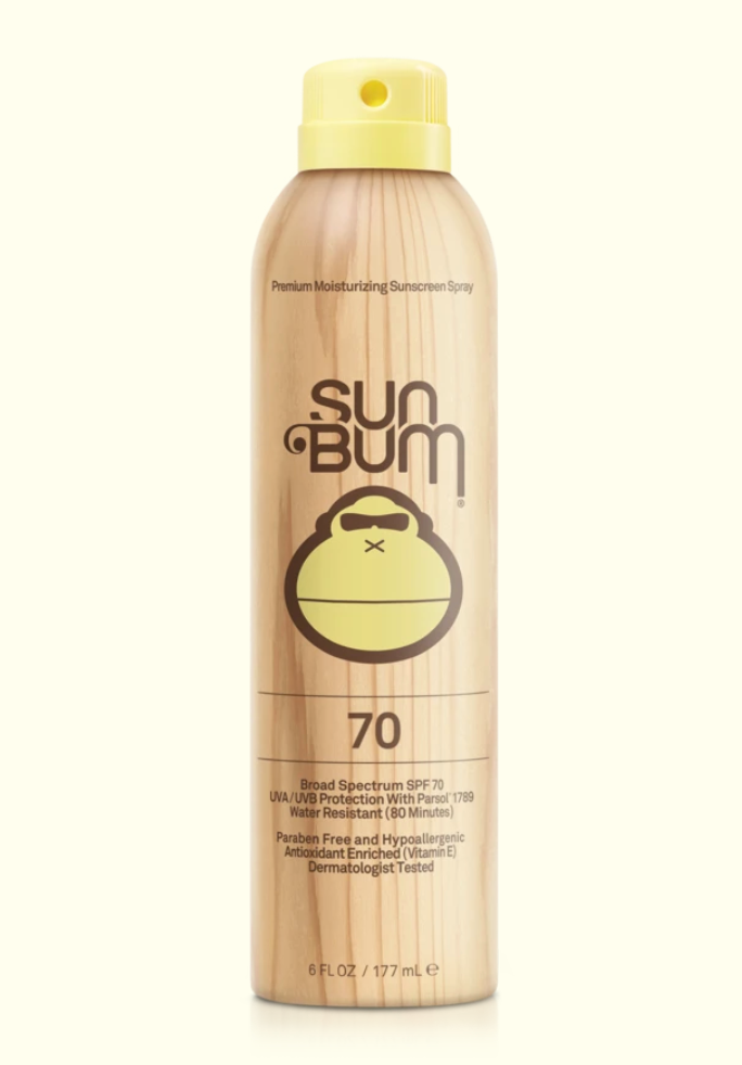 Sun Bum sunscreen spray bottle on a white background