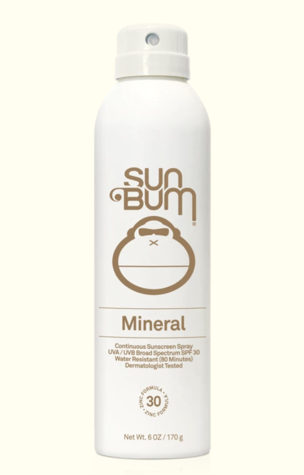 Sun Bum sunscreen spray bottle on a white background