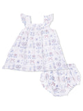 White baby dress with ruffled sleeves and matching bloomers featuring colorful, playful patterns.