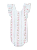 Floral-patterned baby romper in light blue with frill sleeves and pink rose accents. Perfect for summer wear.