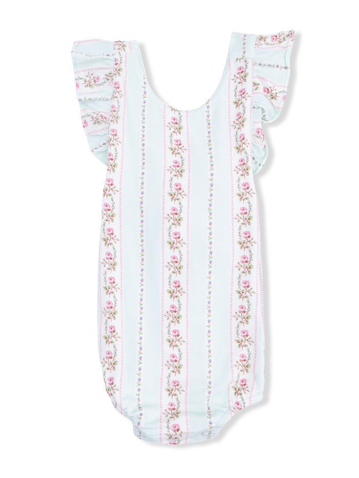 Floral-patterned baby romper in light blue with frill sleeves and pink rose accents. Perfect for summer wear.