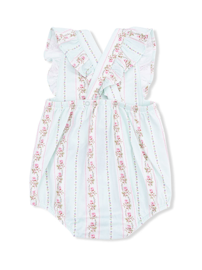 Light blue baby romper with floral stripes and ruffled straps, perfect for warm weather.
