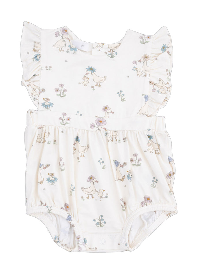 White baby rompers featuring whimsical duck and flower patterns. Ideal for playful and comfy outfits.