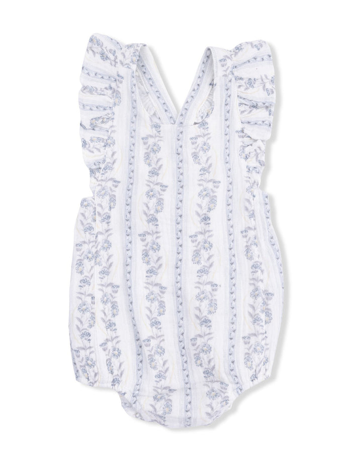 Floral-patterned baby romper with ruffled sleeves in soft white and light blue.