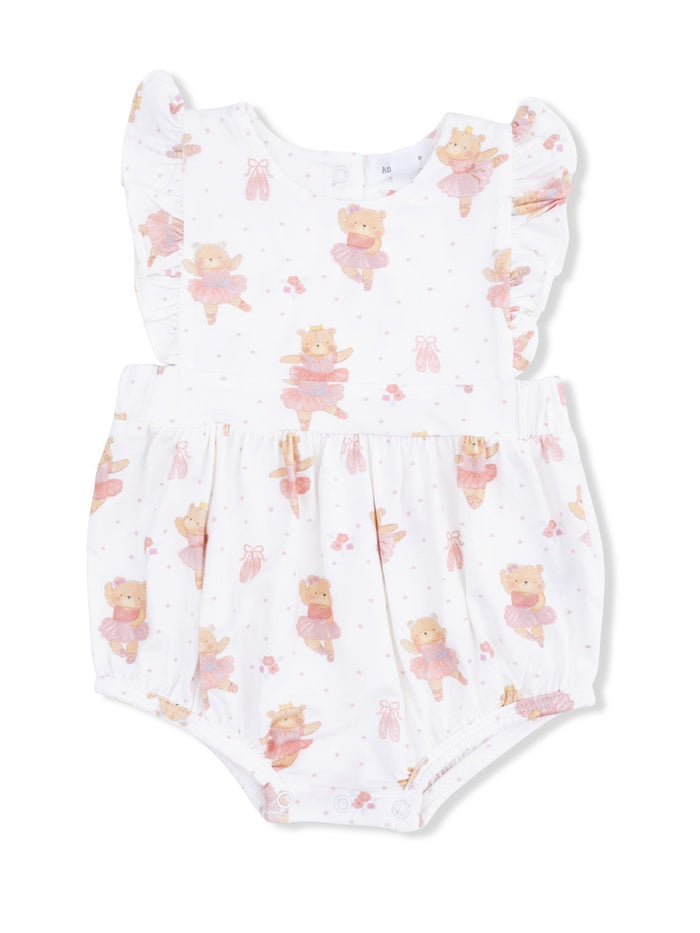 White baby romper with ballet bear prints and ruffled sleeves, perfect for playful, stylish infants.