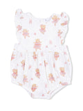White baby romper with ballet bear prints and ruffled sleeves, perfect for playful, stylish infants.
